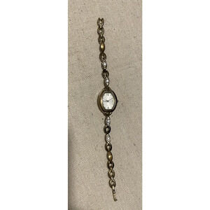 Vtg Japan Movement Gold Tone Faux DIAMOND Quartz Bracelet WATCH - Steel Back